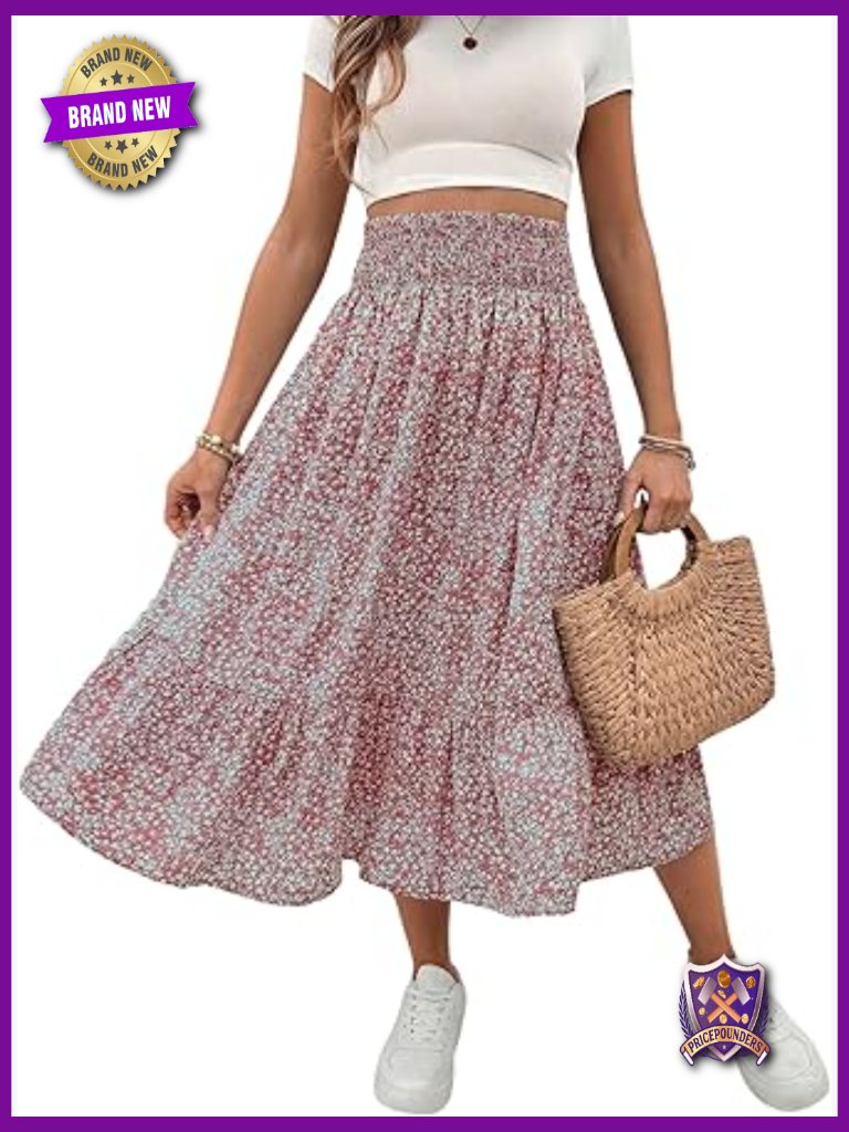 Floral Boho Midi Skirt Shirred High Waisted Flowy Casual Long Skirt Maternity